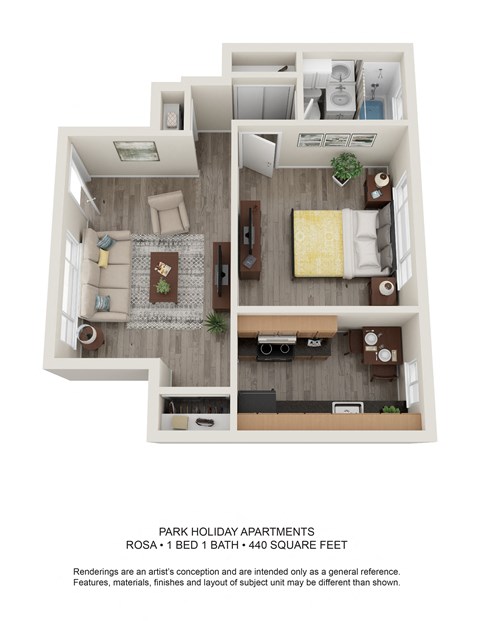 Floor plan for 1 bed, 1 bath, 440 sqft